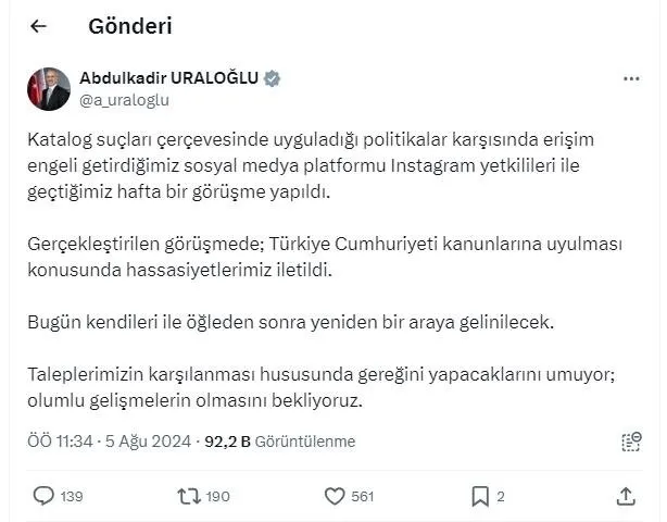 Instagram'a Erişim Engeli ve Bakan Uraloğlu'nun Açıklamaları