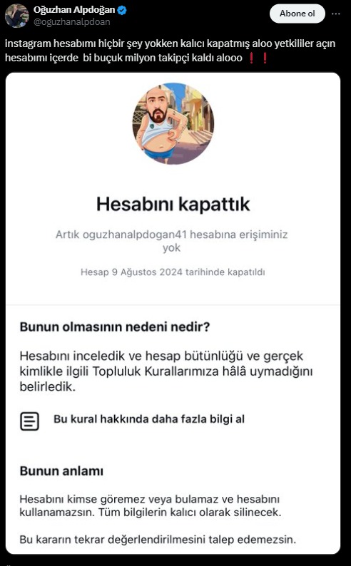 Oğuzhan Alpdoğan'ın Instagram Hesabı Kapatıldı