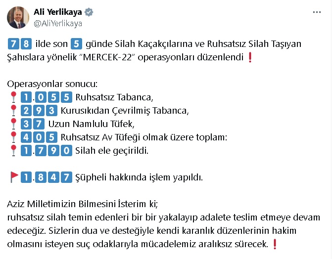 Yerlikaya'dan Silah Kaçakçılığına Karşı Sıkı Önlemler