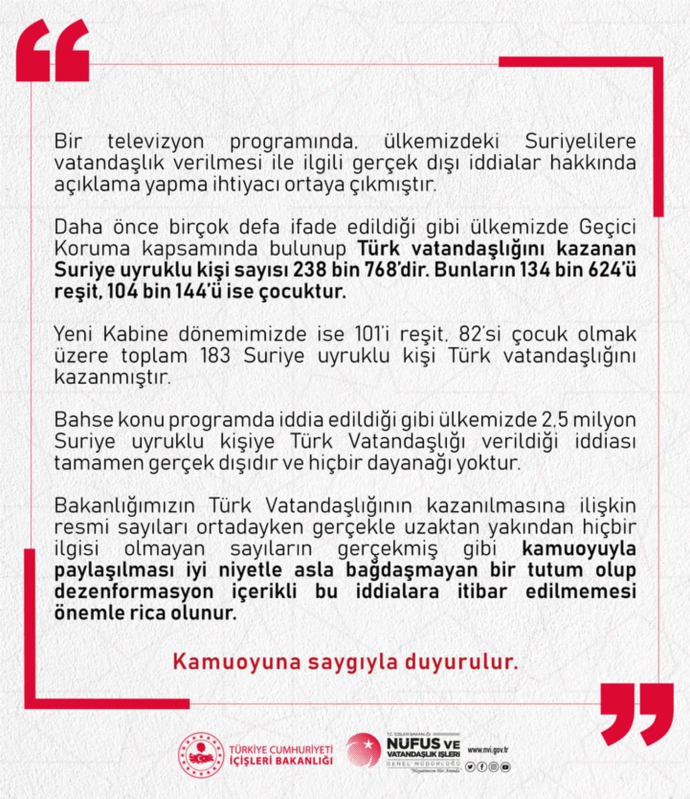 İçişleri Bakanlığı'ndan Suriyelilere Vatandaşlık Açıklaması