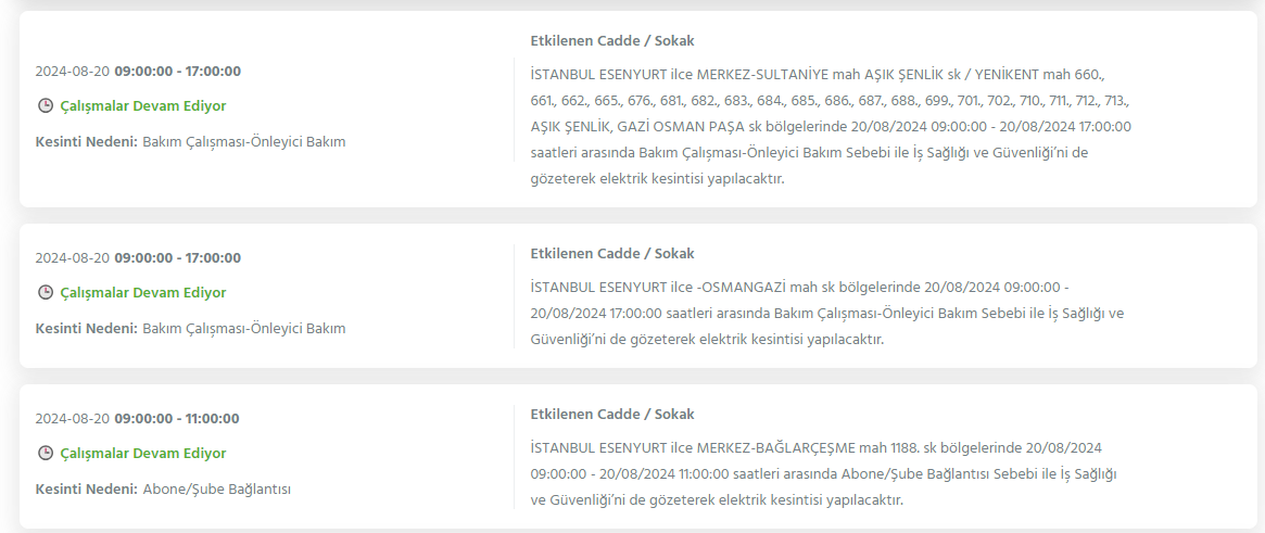 İstanbul'da 20 Ağustos 2024 Tarihinde Elektrik Kesintileri