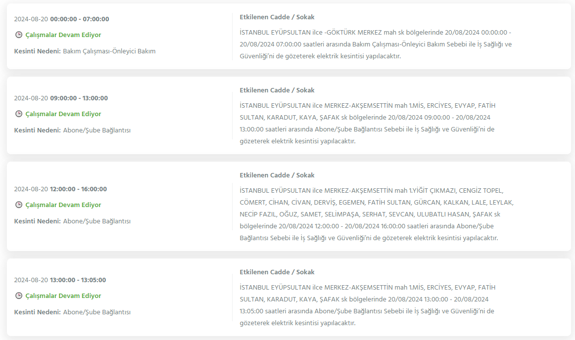 İstanbul'da 20 Ağustos 2024 Tarihinde Elektrik Kesintileri