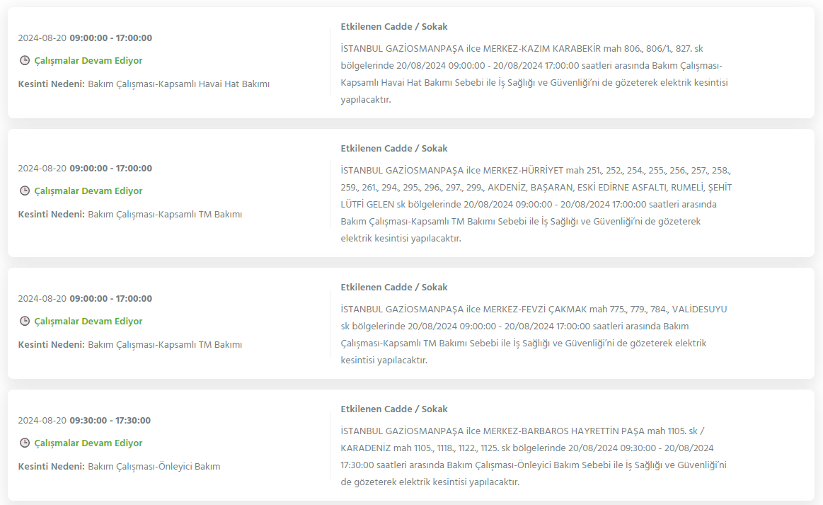 İstanbul'da 20 Ağustos 2024 Tarihinde Elektrik Kesintileri