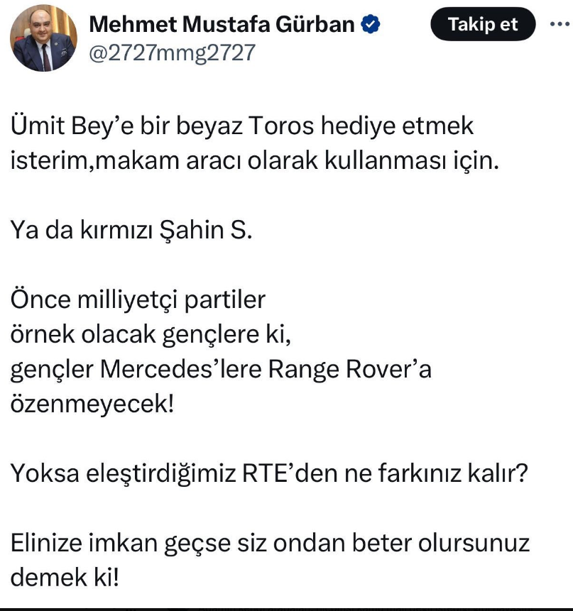 İYİ Parti Milletvekili Mehmet Mustafa Gürban'ın Lüks Araç Paylaşımı Tepki Çekti